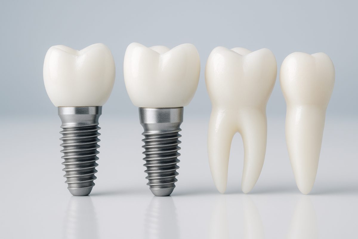 A close up view of a dental implant screw integrating into a patient's jaw bone. No text on image.
