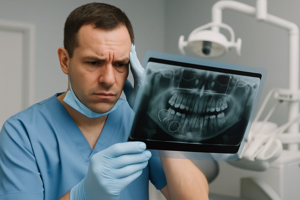 Image of a dentist in scrubs, looking at a set of x-rays with a concerned expression on their face. The x-rays show a set of teeth that clearly need surgery.