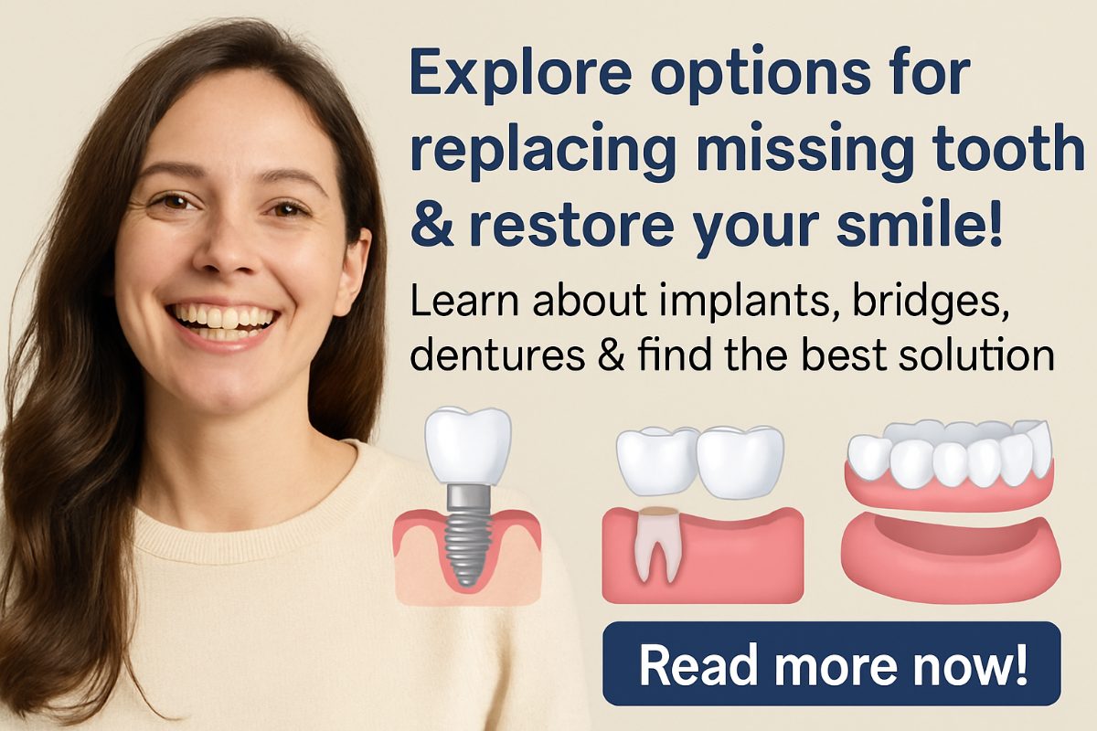 Photo showcasing four distinct options for replacing a missing tooth: a dental implant, a traditional bridge, dentures, and a Maryland bridge, each illustrated with corresponding imagery, with the text overlay "Options for Replacing Missing Teeth".